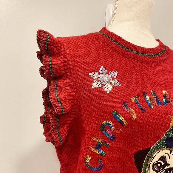 UGLY CHRISTMAS Sweater Vest M Pug Dog Embellished Sequin Metallic Knit Holiday - Picture 5 of 16